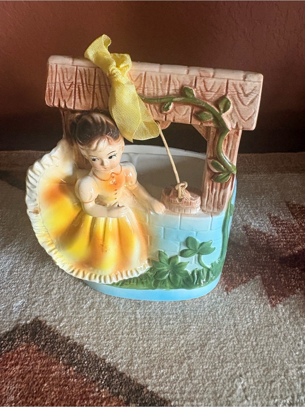 Vintage Ceramic Girl by Well or Wishing Well Figurine - Yellow Dress
